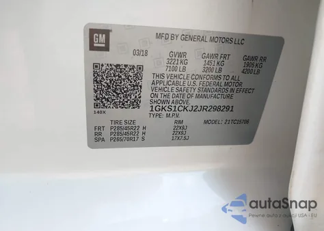 2018 GMC Yukon Denali z USA, uszkodzony, nr VIN 1GKS1CKJ2JR298291